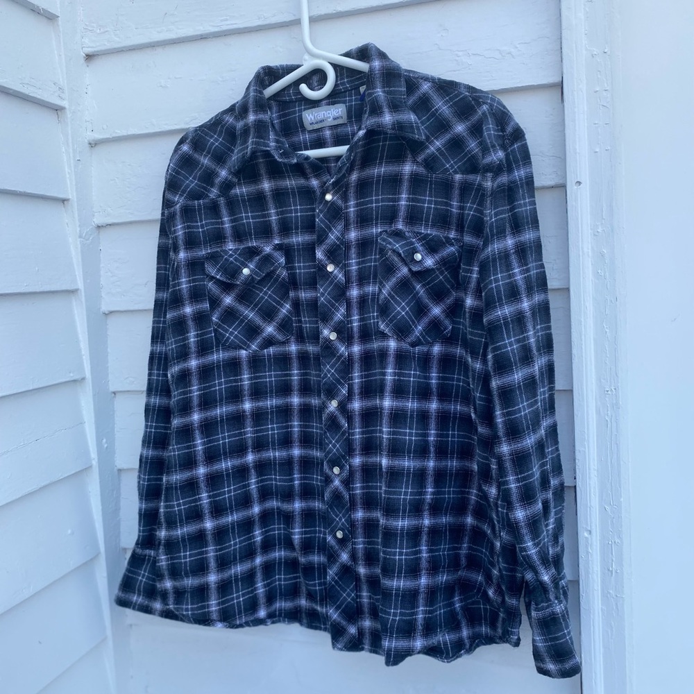 Wrangler Black, Grey and White Snap down Plaid Casual Shirt